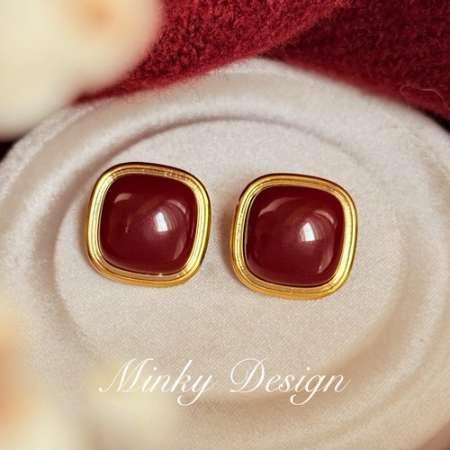「暖红沁心」方形耳钉高级感蚊香盘耳夹红色耳坠女无耳洞耳环耳饰