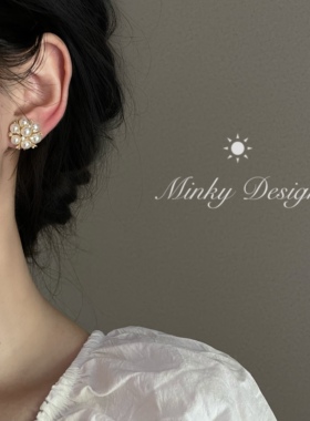 「花火纪」珍珠耳环蚊香盘耳夹女耳饰花朵法式复古气质优雅耳钉银