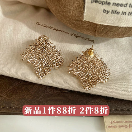 Minky「编织梦」复古编织方形耳钉蚊香盘耳夹无耳洞镂空耳环耳饰