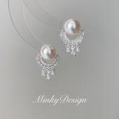 「盈月」原创顶j人造akoya珍珠耳饰蚊香盘耳夹耳钉耳环女法式 蕾丝