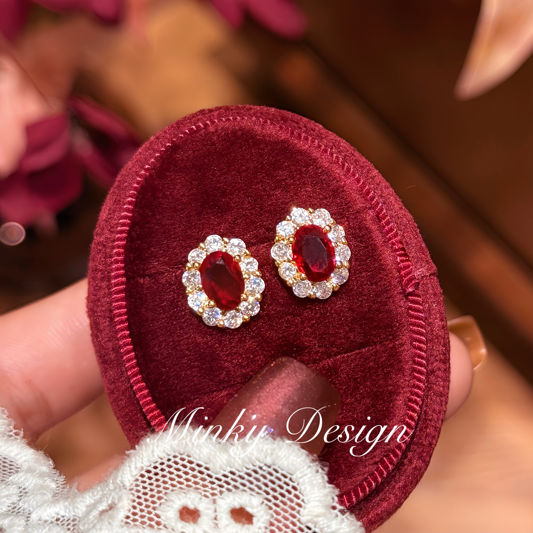 「树莓」法式椭圆形红色耳环蚊香盘耳夹无耳洞通勤耳钉耳饰宫廷风