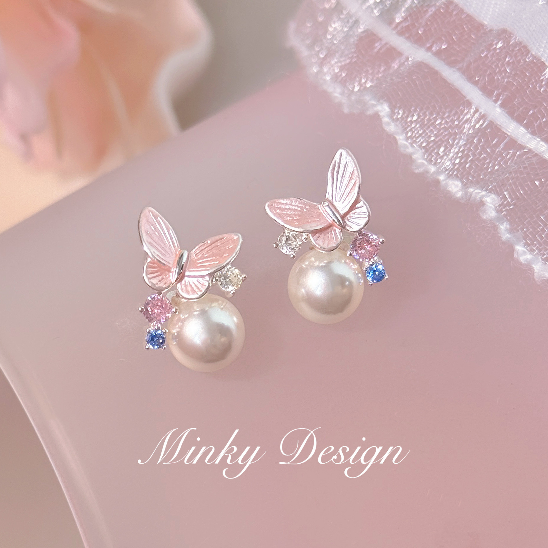 Minky「紫蝶梦境」甜美蝴蝶珍珠耳饰蚊香盘耳夹无耳洞精致耳环女图片