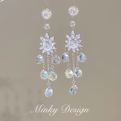 Minky「海棠未眠」重工流苏锆石耳钉蚊香盘耳夹无耳洞耳环耳饰女