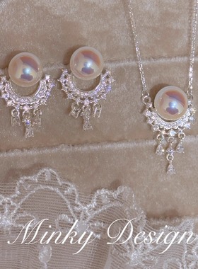 「盈月」原创设计粉光珍珠项链S925纯银锁骨链颈链蚊香盘耳夹耳饰