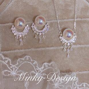 「盈月」原创设计粉光珍珠项链S925纯银锁骨链颈链蚊香盘耳夹耳饰