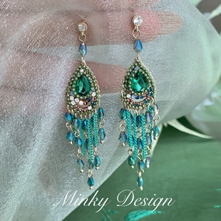 「素朵兰」波西米亚流苏耳夹无耳洞绿色耳钉耳环蚊香盘耳夹设计感