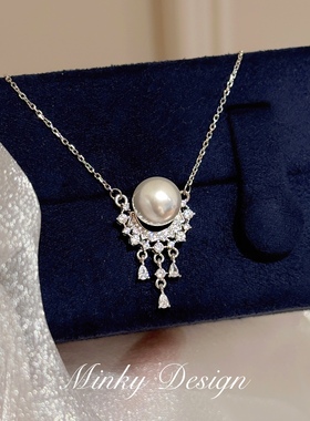 「月影」原创设计澳白珍珠项链耳环套装锁骨链蚊香盘耳夹无耳洞女