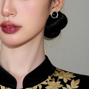 「暗黑之地」秋冬爆款 黑玛瑙蚊香盘耳夹无耳洞耳环女耳饰耳钉银