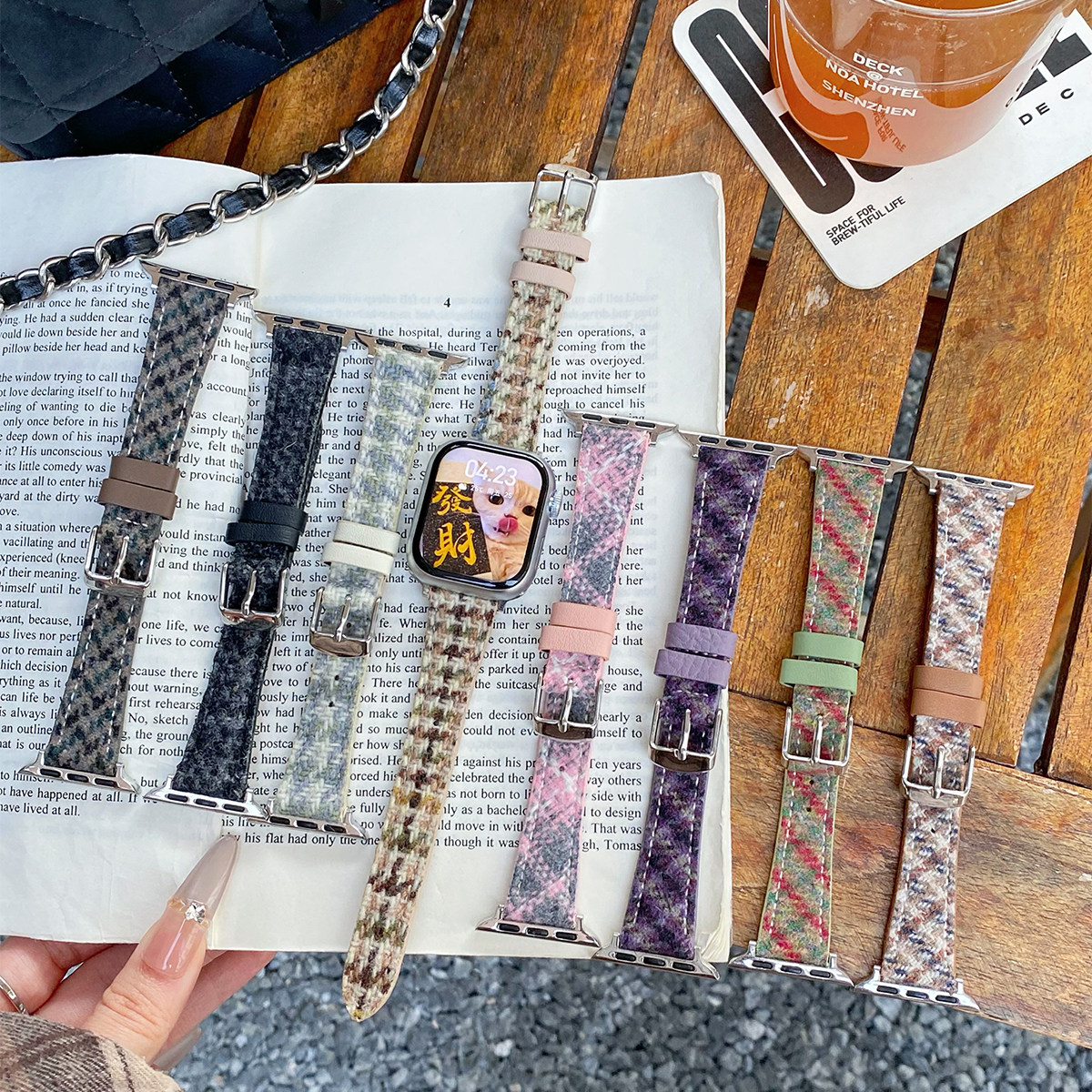 秋冬格纹毛呢皮质手表表带