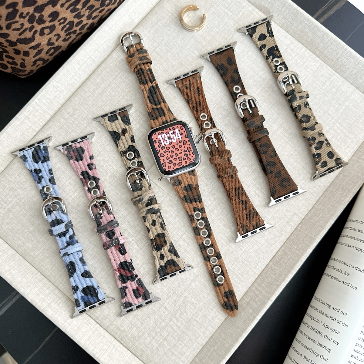 苹果apple watch11手表表带适用S109876543SEUltra豹纹灯芯绒皮质