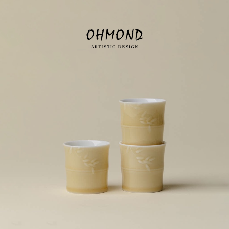 OHMOND | 釉下彩影雕杏黄竹序主人杯 手工陶瓷小茶杯功夫品茗单杯
