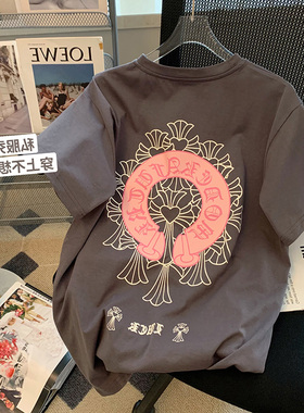 灰色马蹄梵文印花短袖T恤女潮牌2025夏季新款宽松百搭半袖上衣ins