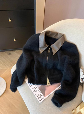 品牌高级感黑色拼皮领拉链针织外套女秋时尚宽松气质短款毛衣开衫