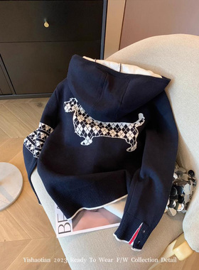 品牌设计感小狗图案拉链连帽针织外套女秋季慵懒运动休闲毛衣开衫