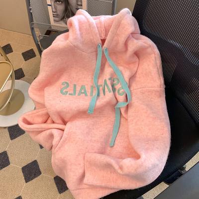 粉色连帽字母毛衣针织衫卫衣外套