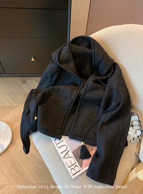 品牌黑色抽绳连帽粗花呢针织外套秋女小众高级感宽松气质毛衣开衫