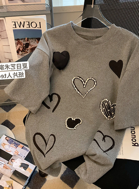 灰色立体爱心镶钻T恤女短袖2025夏季新款设计感别致休闲半袖上衣