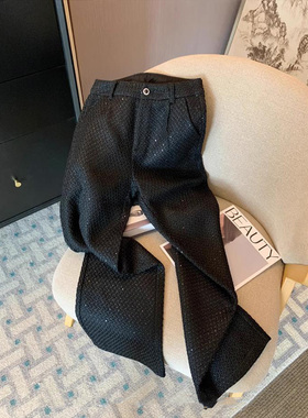 品牌小香风重工黑色亮片休闲裤秋季女年时尚高腰直筒显瘦阔腿裤子
