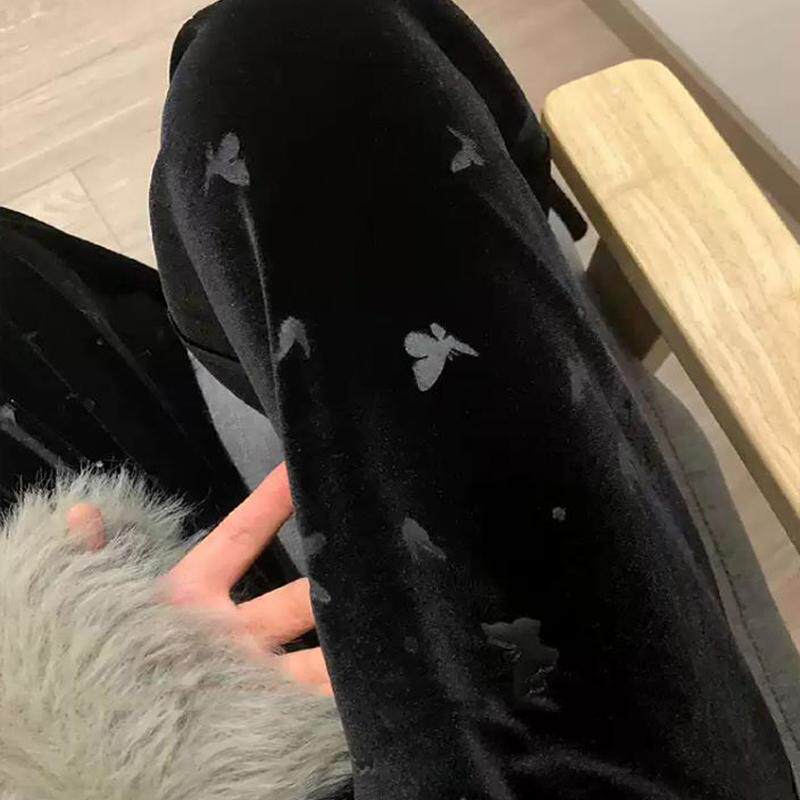 品牌黑色蝴蝶印花丝绒休闲裤女秋冬季高腰垂感显瘦直筒裤阔腿裤子