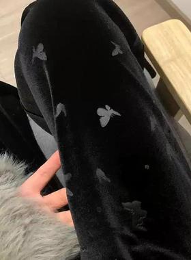 品牌黑色蝴蝶印花丝绒休闲裤女秋冬季高腰垂感显瘦直筒裤阔腿裤子