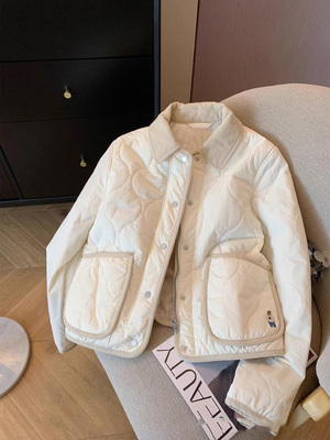 学院风撞色小熊翻领菱格棉服外套