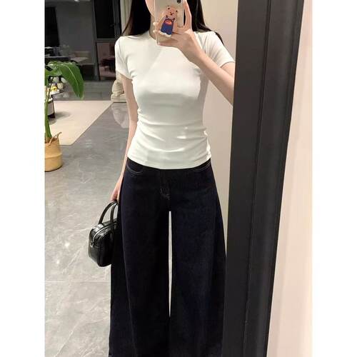 简约款纯色百搭正肩修身短袖T恤女夏季收腰辣妹短款上衣