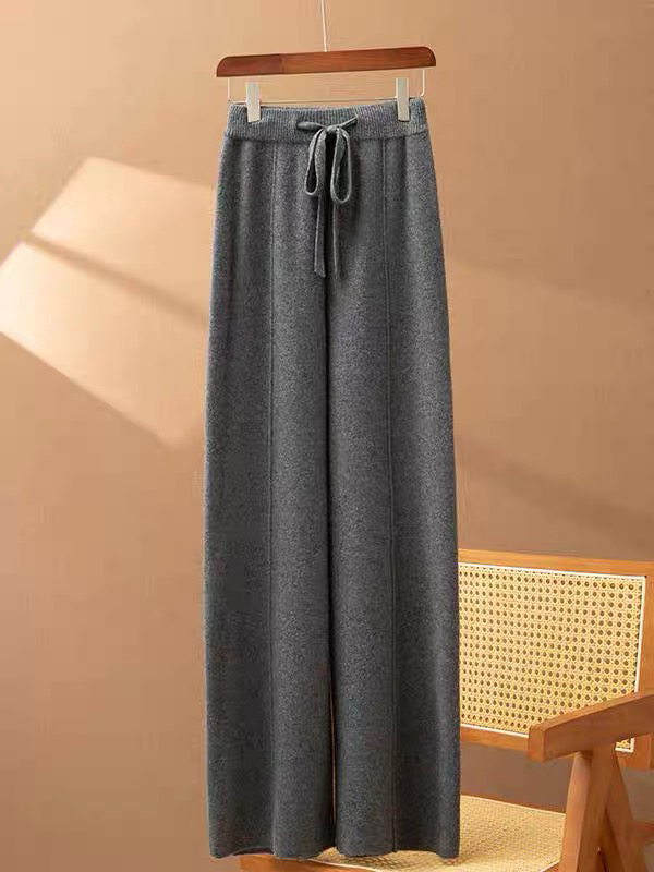 秋冬季新款羊毛中缝阔腿裤女秋冬外穿针织裤长裤高腰拖地宽松羊