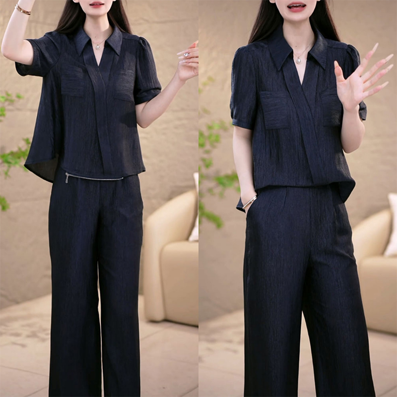 高端冰丝缎夏季新款上衣裤子两件套气质女装优雅减龄遮肉显瘦套装