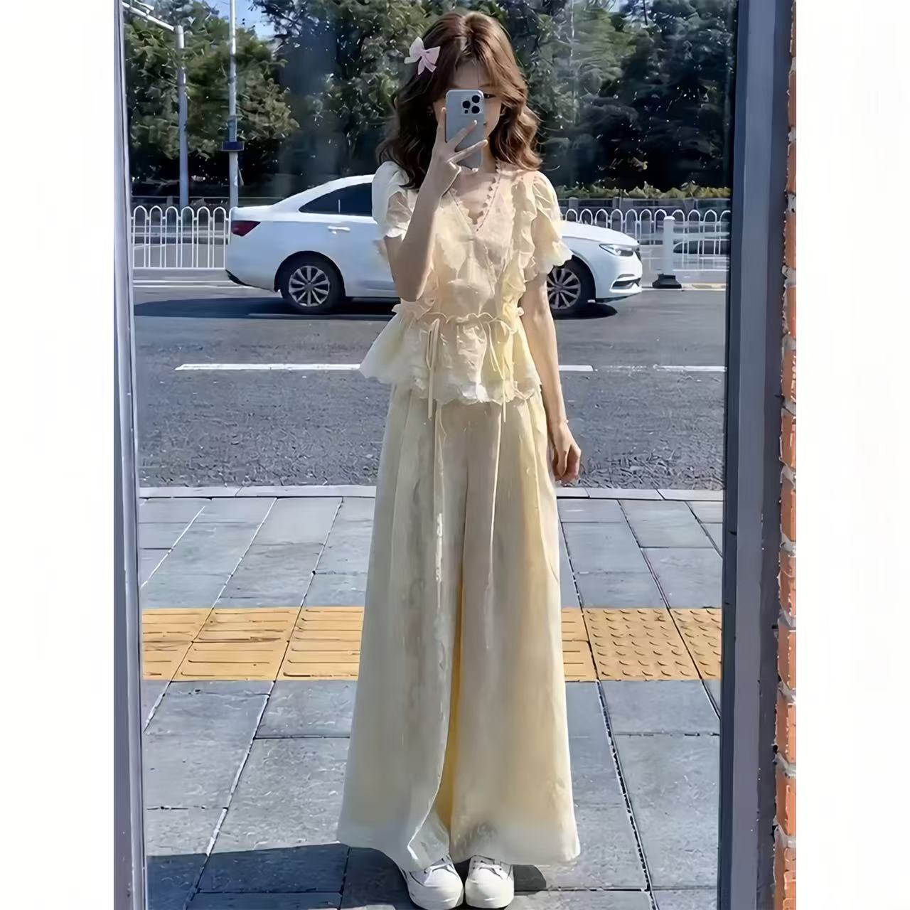 2026超火夏装一整套女小香风绝美蕾丝系带衬衫宽松阔腿裤两件套装图片