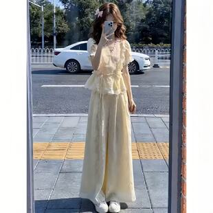 2026超火夏装一整套女小香风绝美蕾丝系带衬衫宽松阔腿裤两件套装