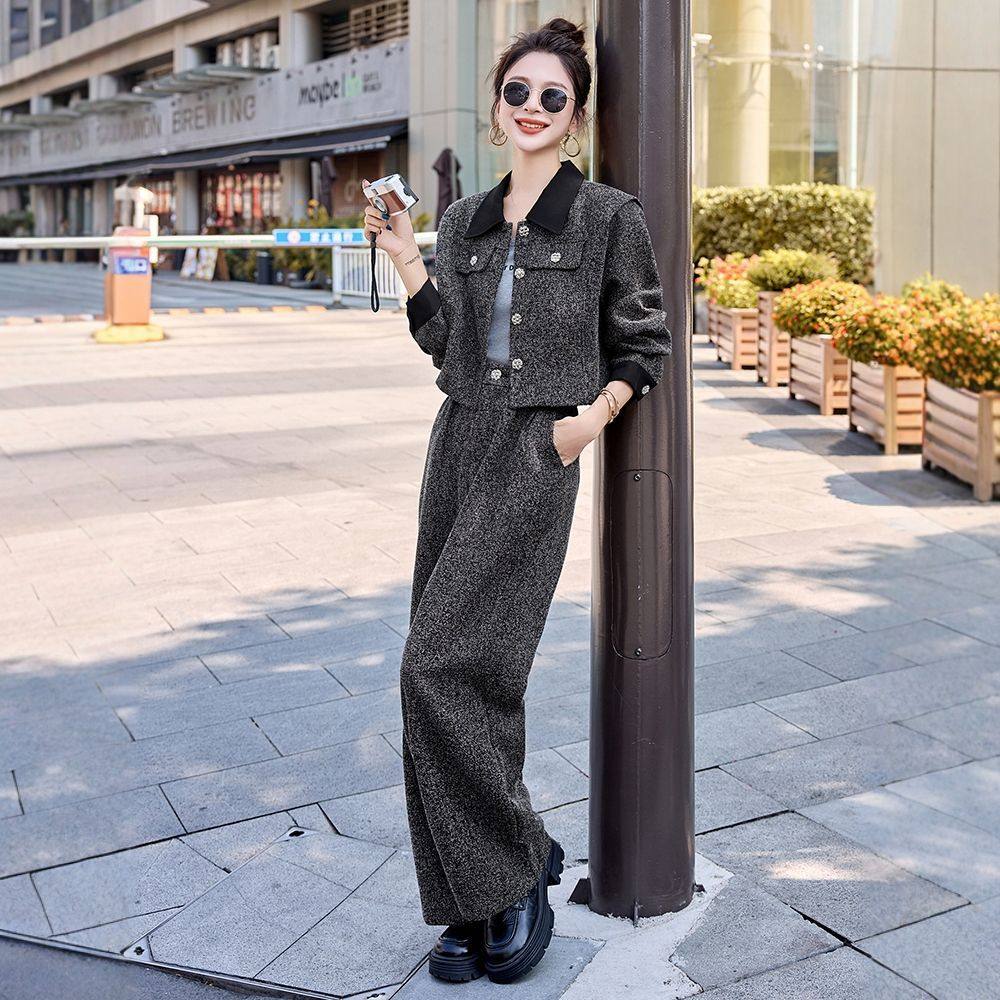 2026秋新款法式复古毛呢短外套高腰阔腿裤套装女高级感显瘦两件套,女装/女士精品,时尚套装,淘宝优惠券,粉丝福利购,淘宝优惠卷