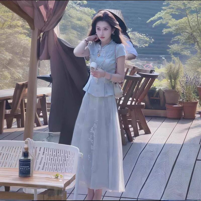 新中式女装国风套装夏季2026新款设计感刺绣印花上衣半身裙两件套