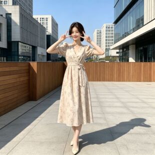 CleanGirl 碎花裹身长裙 夏日 CityWalk 氛围感泡泡袖温柔连衣裙