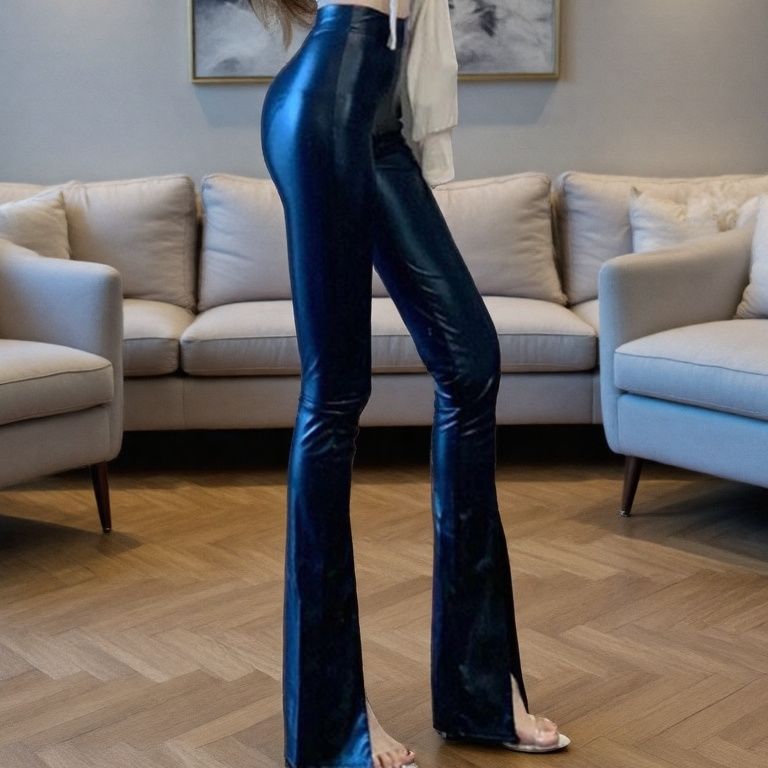 高腰紧身瘦腿pu拖地裤开叉喇叭裤