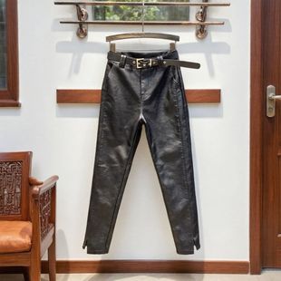 潮 高腰宽松显瘦百搭气质PU皮直筒裤 皮裤 开叉小脚女秋冬2026年新款