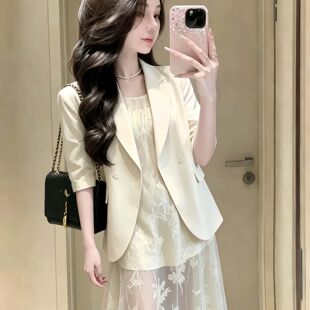 气质通勤白色西装蕾丝连衣裙套装女夏新款高级感轻熟风显瘦两件套