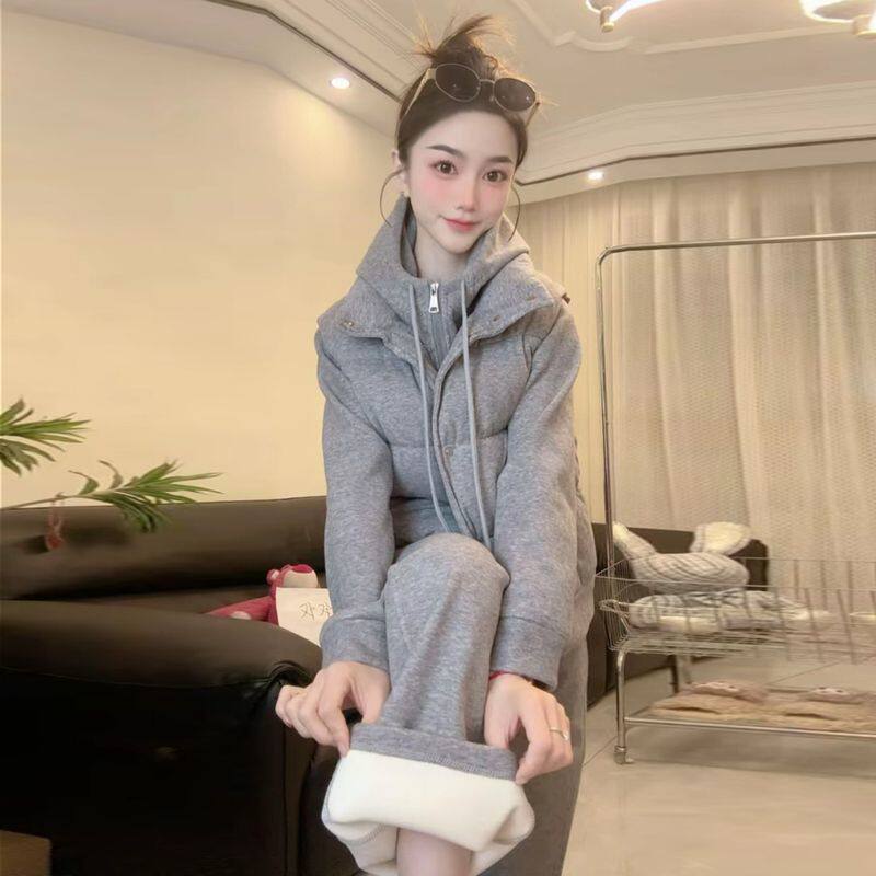 时尚套装女冬季新款高级感运动风加绒加厚卫衣+马甲+阔腿裤三件套