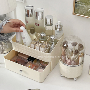 桌面化妆品收纳盒抽屉式梳妆台护肤品整理置物架旋转化妆刷收纳筒