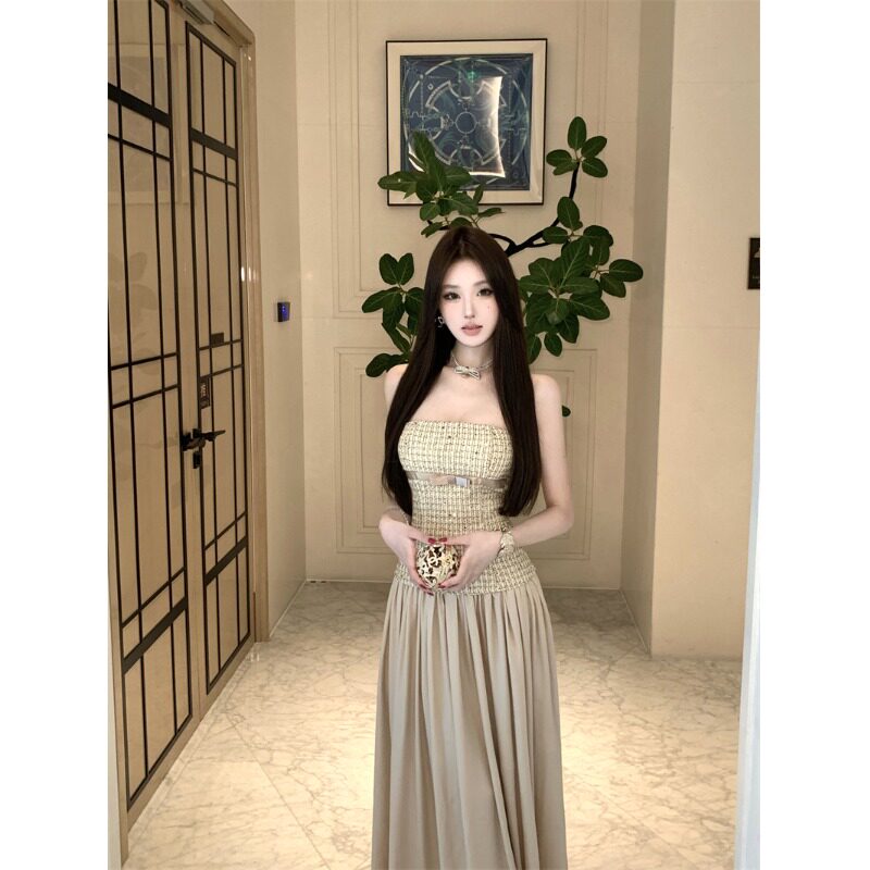 小香风抹胸连衣裙女约会礼服新款拼接缎面长裙法式裙子