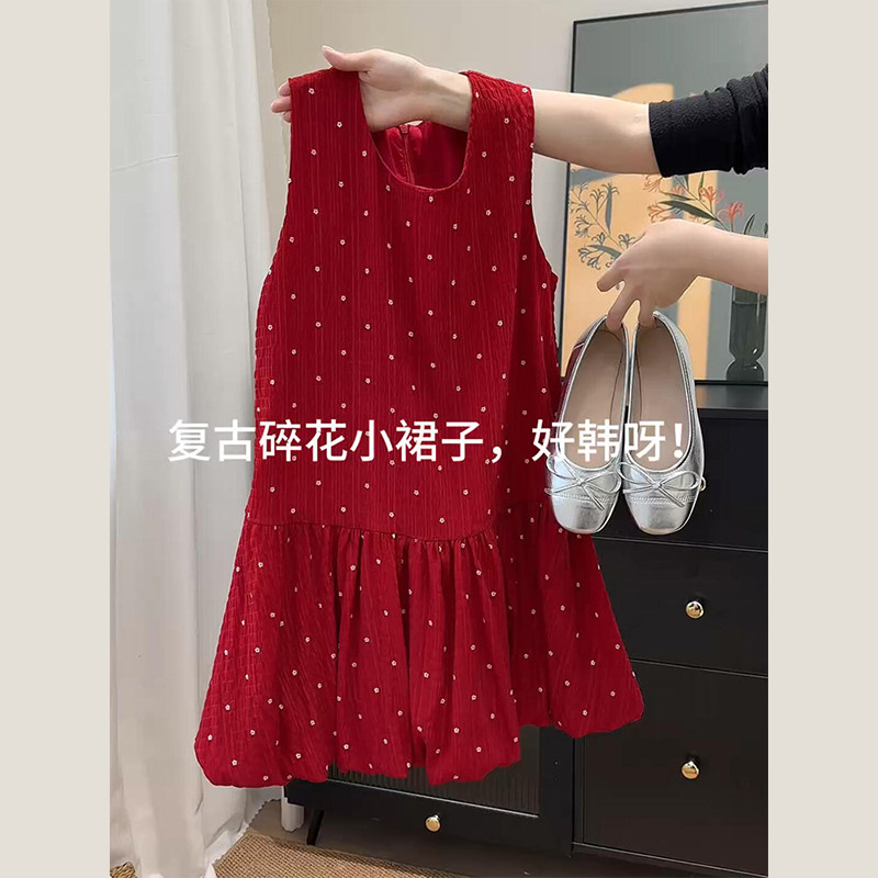 法式红色无袖背心波点连衣裙子女连衣裙