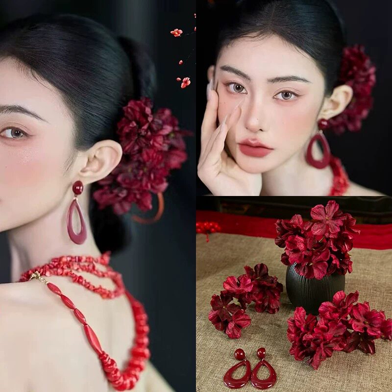 芸琪婚饰新娘头饰红色花朵造型旗袍中式发饰结婚敬酒发簪礼服配饰