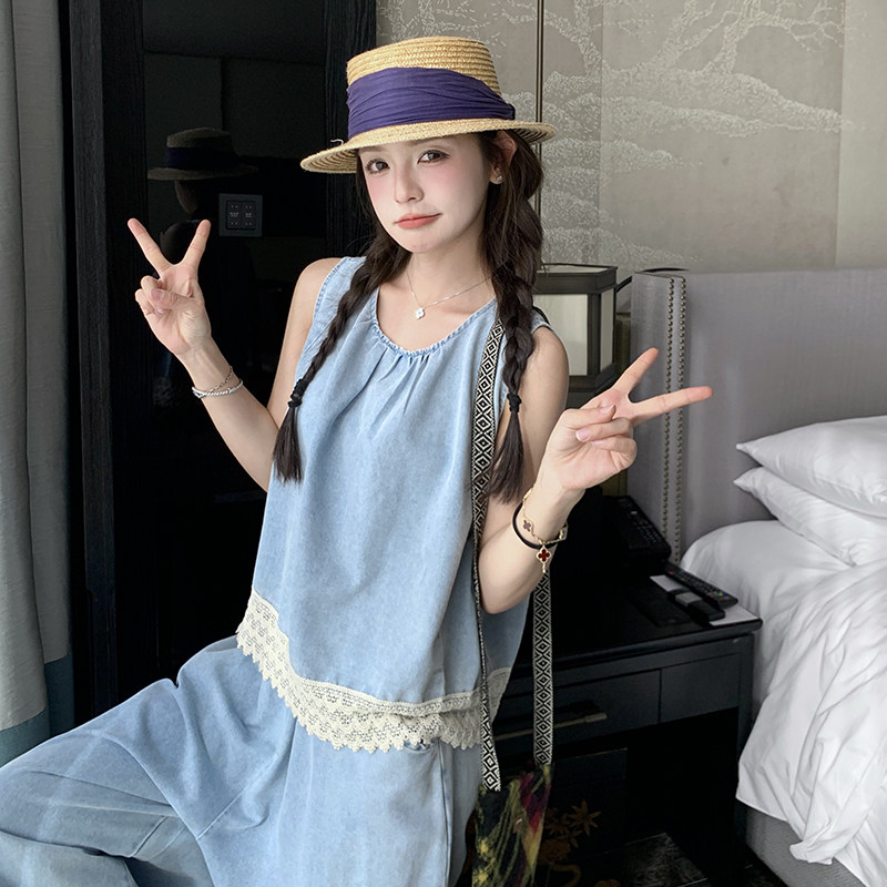 款号7706花边拼接阔腿裤牛仔套装P145K218,女装职业装,浙宝173（原浙宝279）
