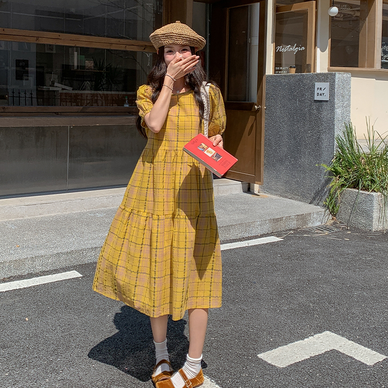 法式复古格纹黄色连衣裙女夏2025新款减龄学院风显瘦气质大方得体，女装连衣裙，浙宝279