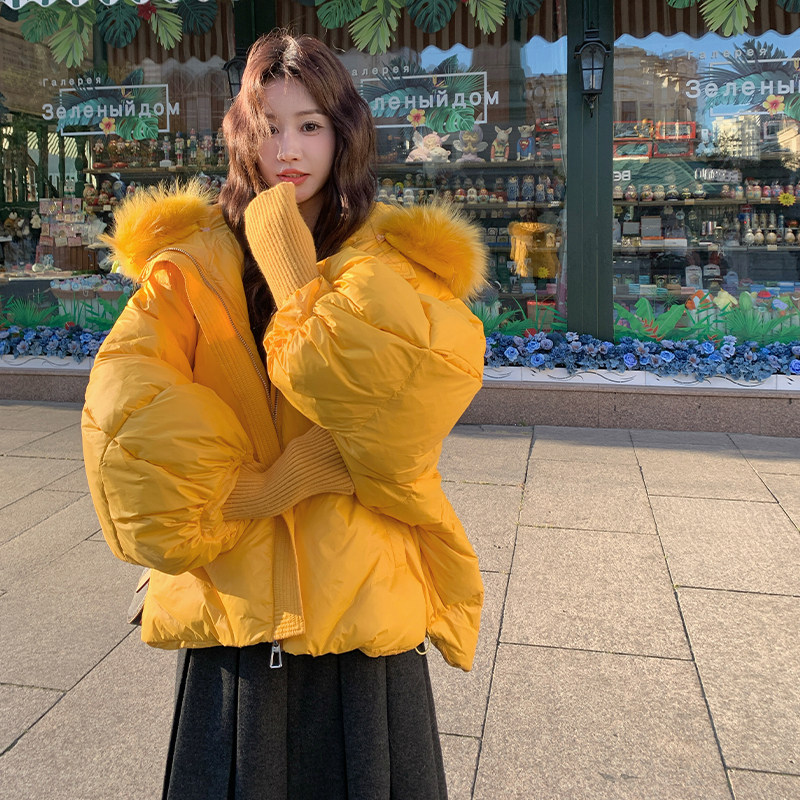 大毛领针织拼接黄色羽绒服外套女冬季2025新款90绒面包服流行爆款,女装羽绒服,浙宝173（原浙宝279）