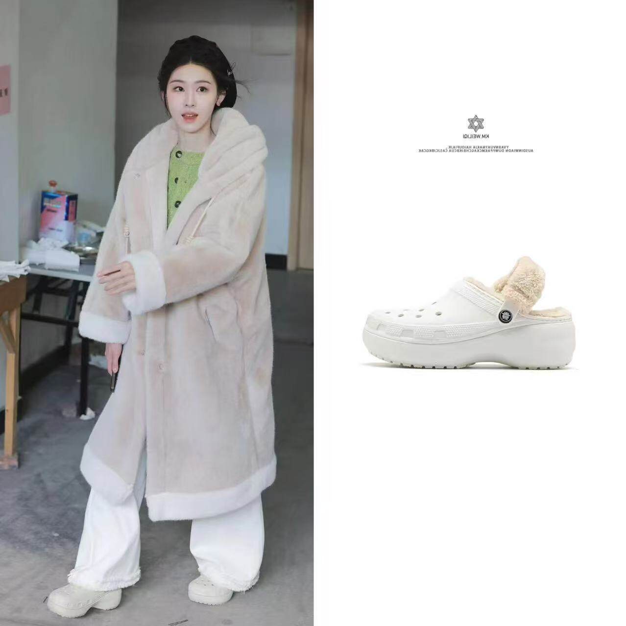 云朵加绒毛毛棉拖鞋女洞洞鞋包头防滑保暖软底秋冬季休闲增高外穿