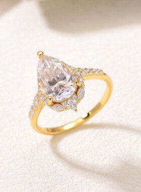 S925银镀金镶爪水滴莫桑石戒指女华丽礼服搭配款