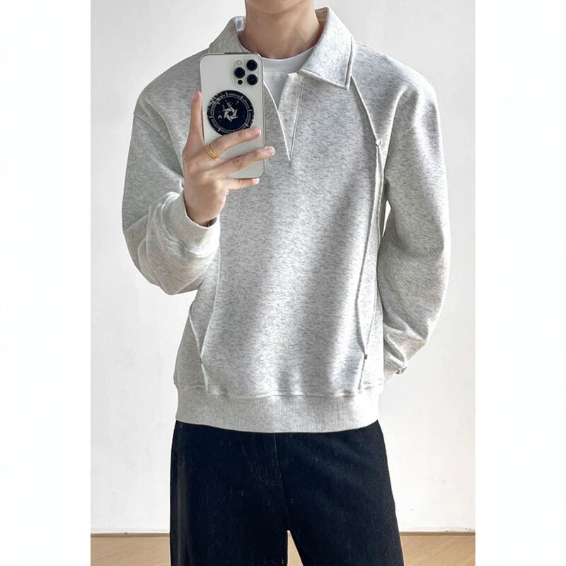 美式高街假两件翻领卫衣男秋季