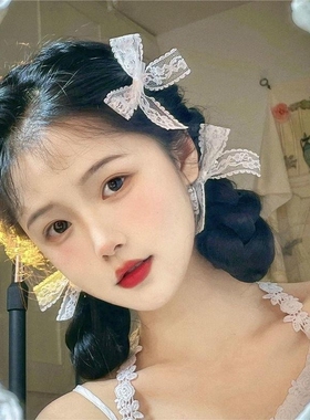 奶油色~白色蕾丝蝴蝶结发夹女高级感甜美刘海蓝色侧边发卡头饰ins