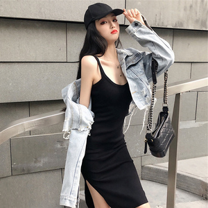 绝美套装显身材吊带针织紧身包臀修身显瘦辣妹开叉中长款连衣裙女