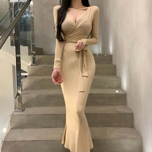 深V领系带收腰修身鱼尾长裙女